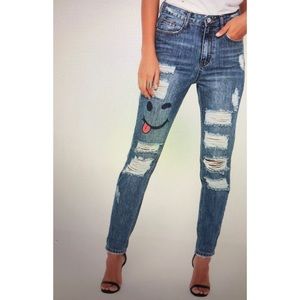 Riot high rise ripped knee emoji face mom jeans